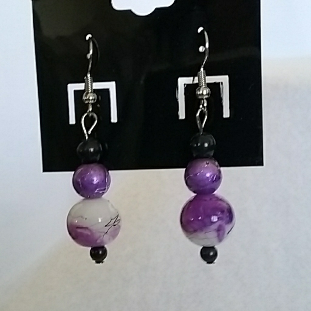 Purple, White, Black Beaded Hook Earrings